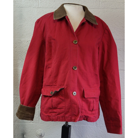 LL Bean Jacket Women L Red Barn Coat Corduroy Collar Plaid Lined Chore Workwear - Picture 1 of 10